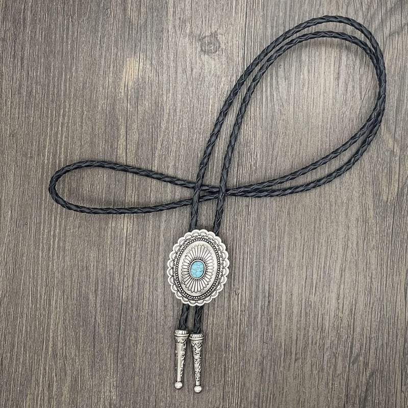YOQUCOL Vintage American Western Cowboy Indian Art Stone Genunie Leather Bolo Tie For Men Women - Image 3